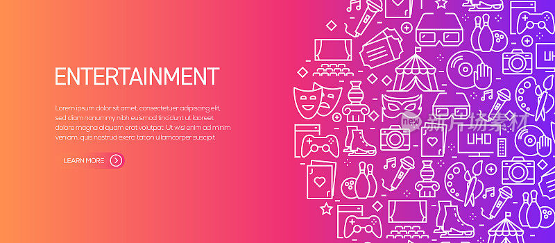 Entertainment and Hobbies Banner Template with Line Icons. Modern vector illustration for Advertisement, Header, Website.